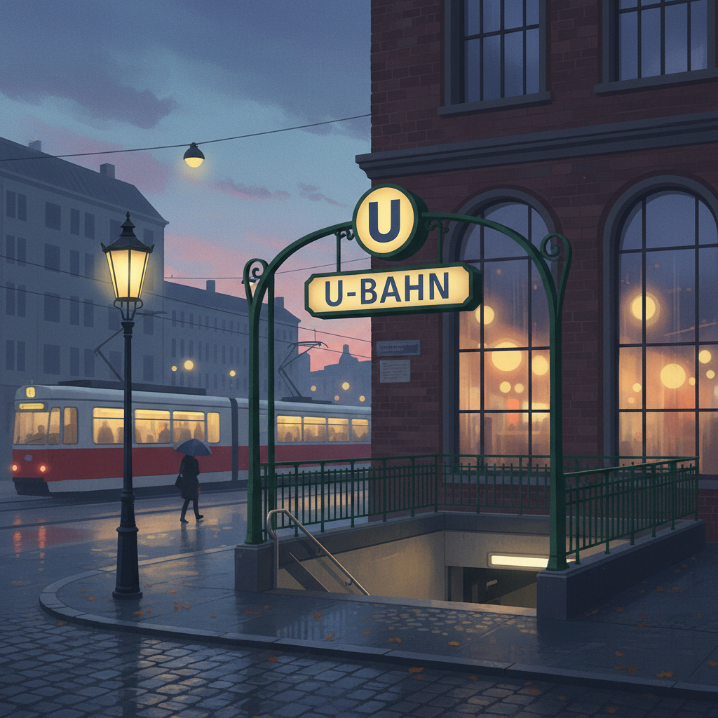 A calm, slightly moody illustration of a classic Berlin U-Bahn entrance at dusk, with soft city lights and a quiet street, matching the reflective, slow-travel vibe of 'Daily Musings' about unhurried Berlin walks.
