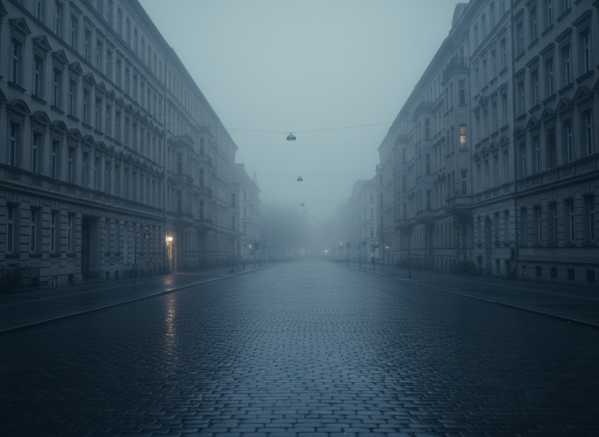 A quiet Berlin residential street just after rain.