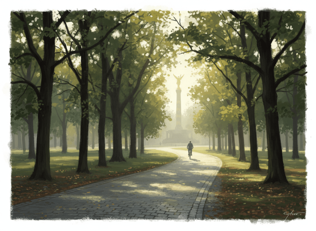 A painterly, atmospheric illustration of Berlin's Tiergarten park at early morning. Empty tree-lined paths, soft golden light filtering through tall deciduous trees, a lone cyclist in the distance, dappled shadows on the ground. The Siegessäule victory column visible faintly through the trees in the background. Quiet, contemplative mood. Muted greens and golds, slightly desaturated, cinematic quality.