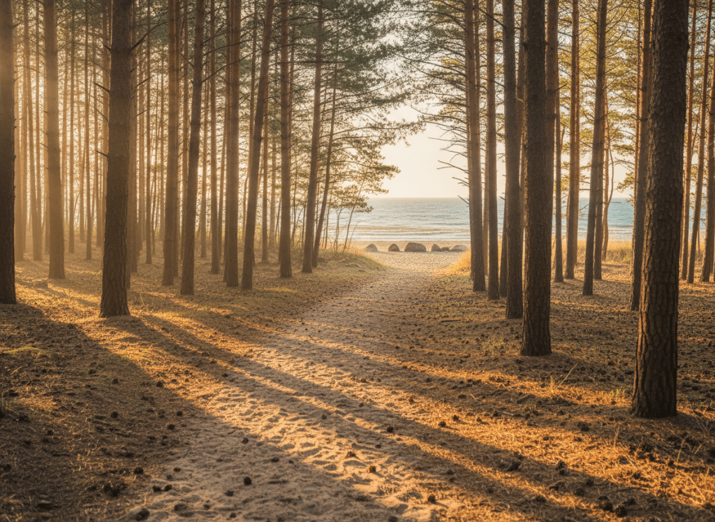 A serene pinewood forest path near the Baltic Sea coast in northern Germany. Warm golden light filters through tall pine trees, pine cones scattered on the sandy forest floor, calm and tranquil atmosphere, early morning light, minimal and peaceful, photographic style