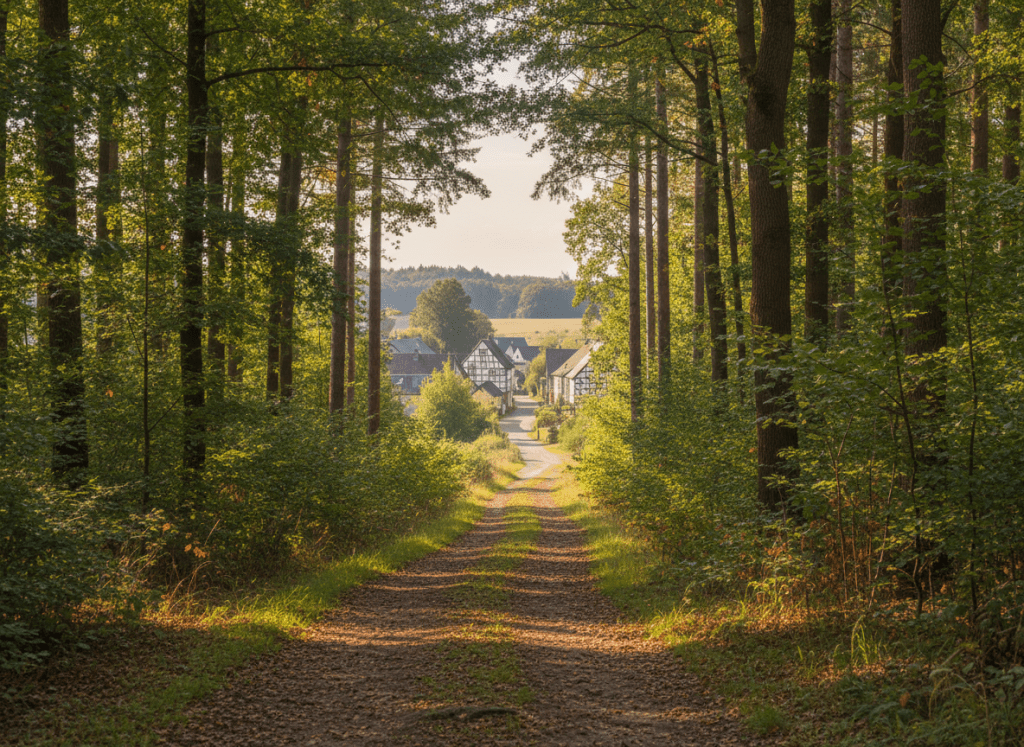 A quiet forest path in the Rhineland-Palatinate countryside of western Germany, near the French border. Dappled light through deciduous and mixed forest trees, a narrow lane through a peaceful rural village visible in the distance, soft green tones, gentle afternoon light, serene and unhurried atmosphere, photographic style
